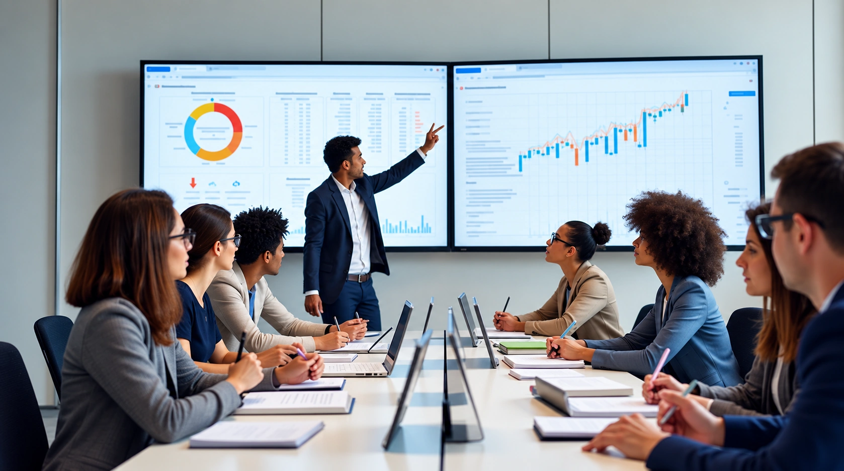 Professionals discussing financial analysis in a meeting room.