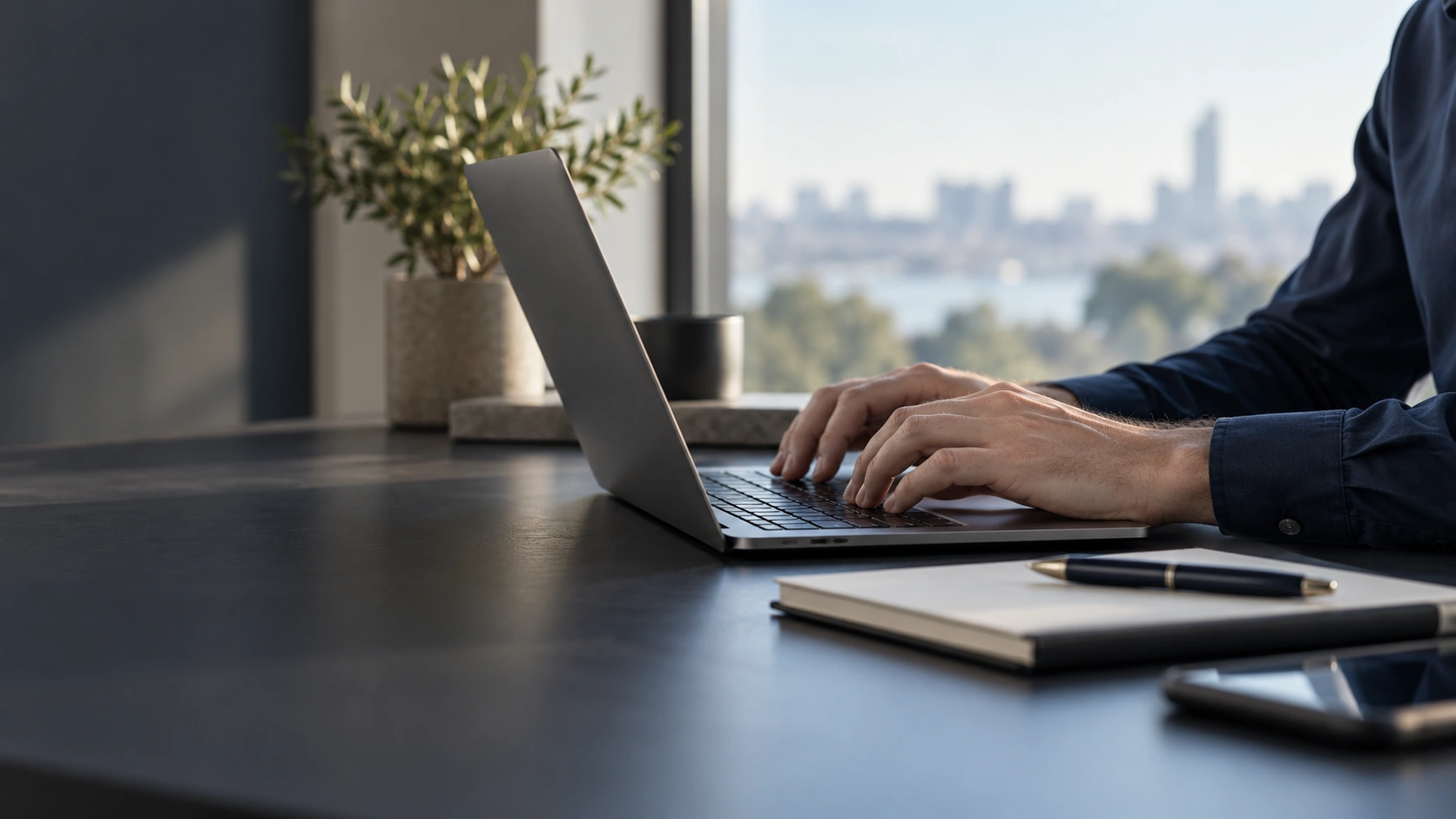 A laptop and notebook in a professional workspace.